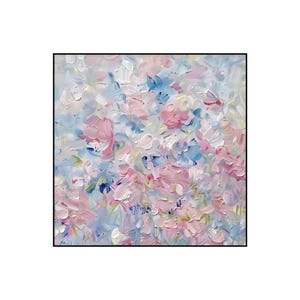 May include: A square oil painting featuring thick, textured impasto brushstrokes in shades of soft pink, pale blue, and white. The composition displays an abstract floral arrangement with layered paint creating depth and movement across the canvas.