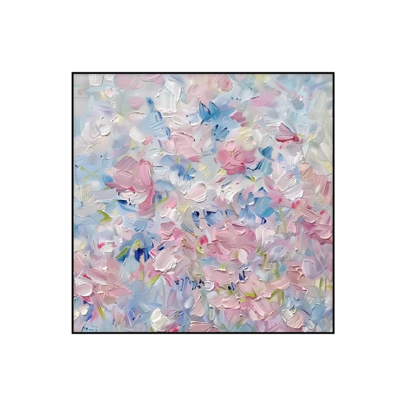 May include: A square oil painting featuring thick, textured impasto brushstrokes in shades of soft pink, pale blue, and white. The composition displays an abstract floral arrangement with layered paint creating depth and movement across the canvas.