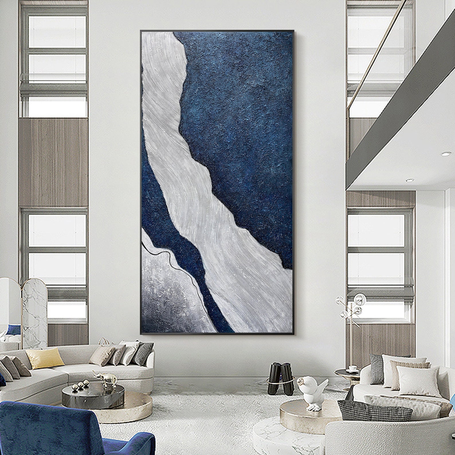 Dark Blue Gray Thick Coastal Art Abstract Ocean Painting Seascape Blue ...
