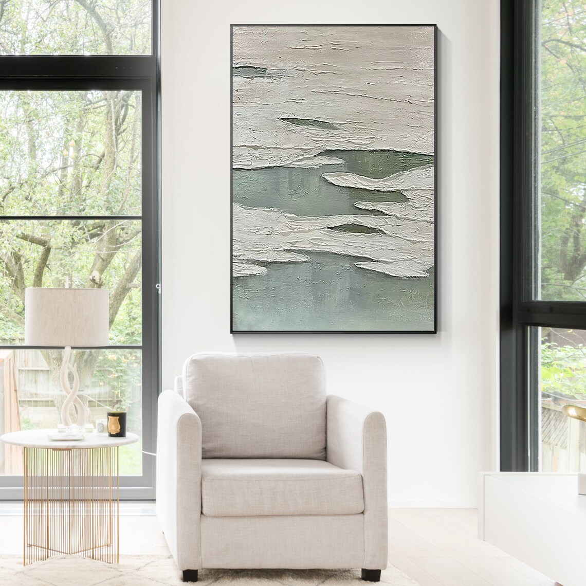 Sage Green Gray Textured Wall Art Abstract Painting on Canvas ...