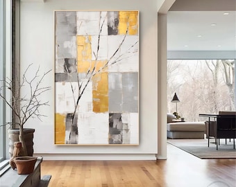 Abstract Tree Branch Texture Wall Art Modern Gold Gray Canvas Painting