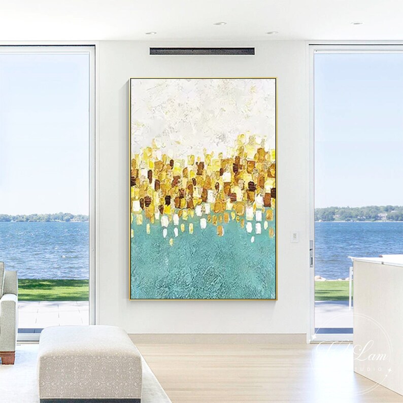 Blue Gold Abstract Painting Texture Painting Vertical Extra Large