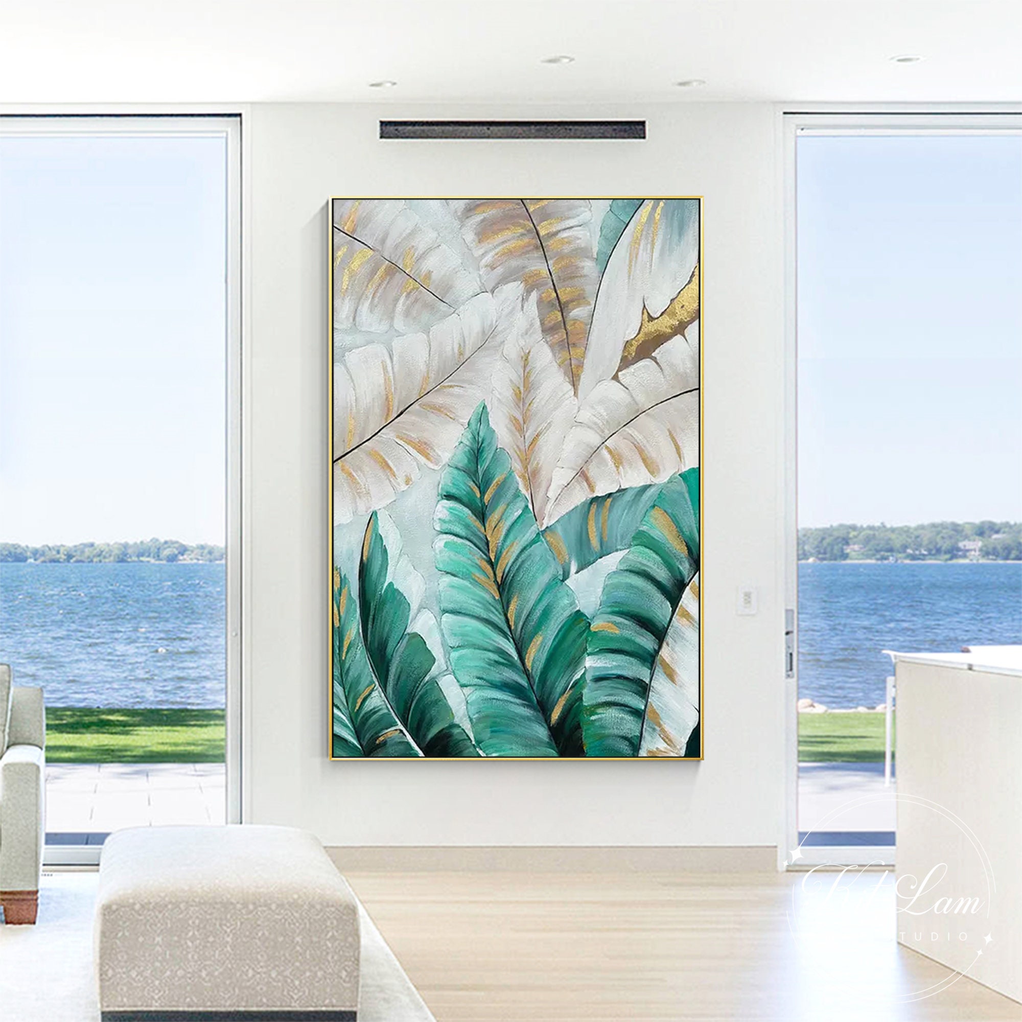 Boieesen Handgemaltes Ölgemälde „Abstraktes Bananenblatt“ – 61 X 122 Cm, Auf Leinwand, In Grün, Weiß & Gold