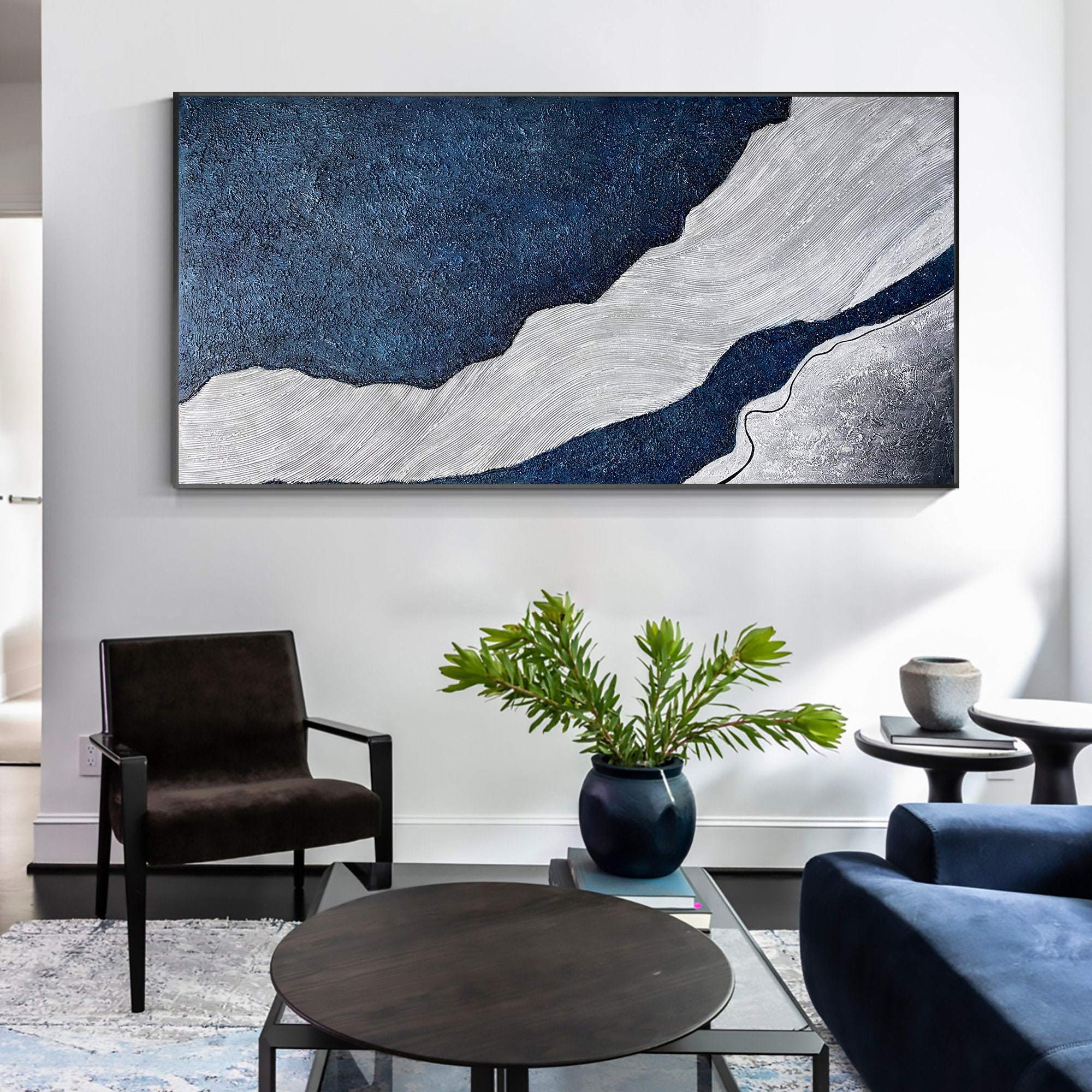 Dark Blue Gray Thick Coastal Art Abstract Ocean Painting Seascape Blue ...