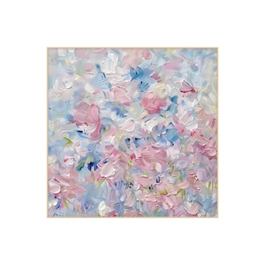 May include: A square canvas painting featuring thick, textured impasto brushstrokes in shades of soft pink, light blue, and white. The composition displays an abstract floral arrangement with layered paint creating depth and movement across the surface.