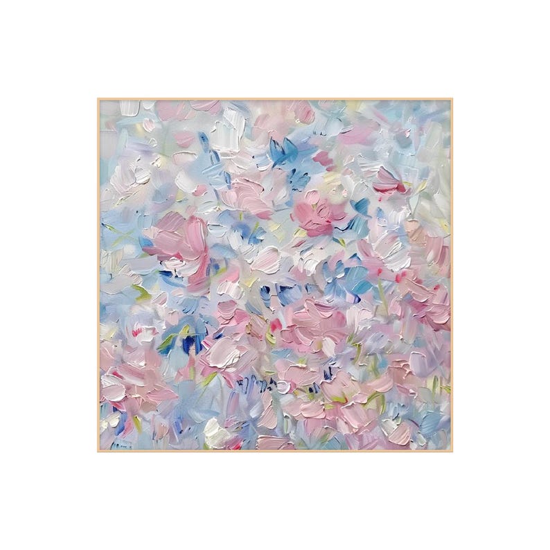 May include: A square canvas painting featuring thick, textured impasto brushstrokes in shades of soft pink, light blue, and white. The composition displays an abstract floral arrangement with layered paint creating depth and movement across the surface.