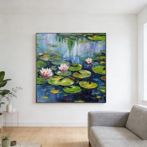 Water Lily Textured Painting: Abstract Green Pink Lotus Canvas Wall Art