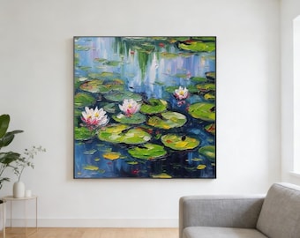 Water Lily Textured Painting: Abstract Green Pink Lotus Canvas Wall Art
