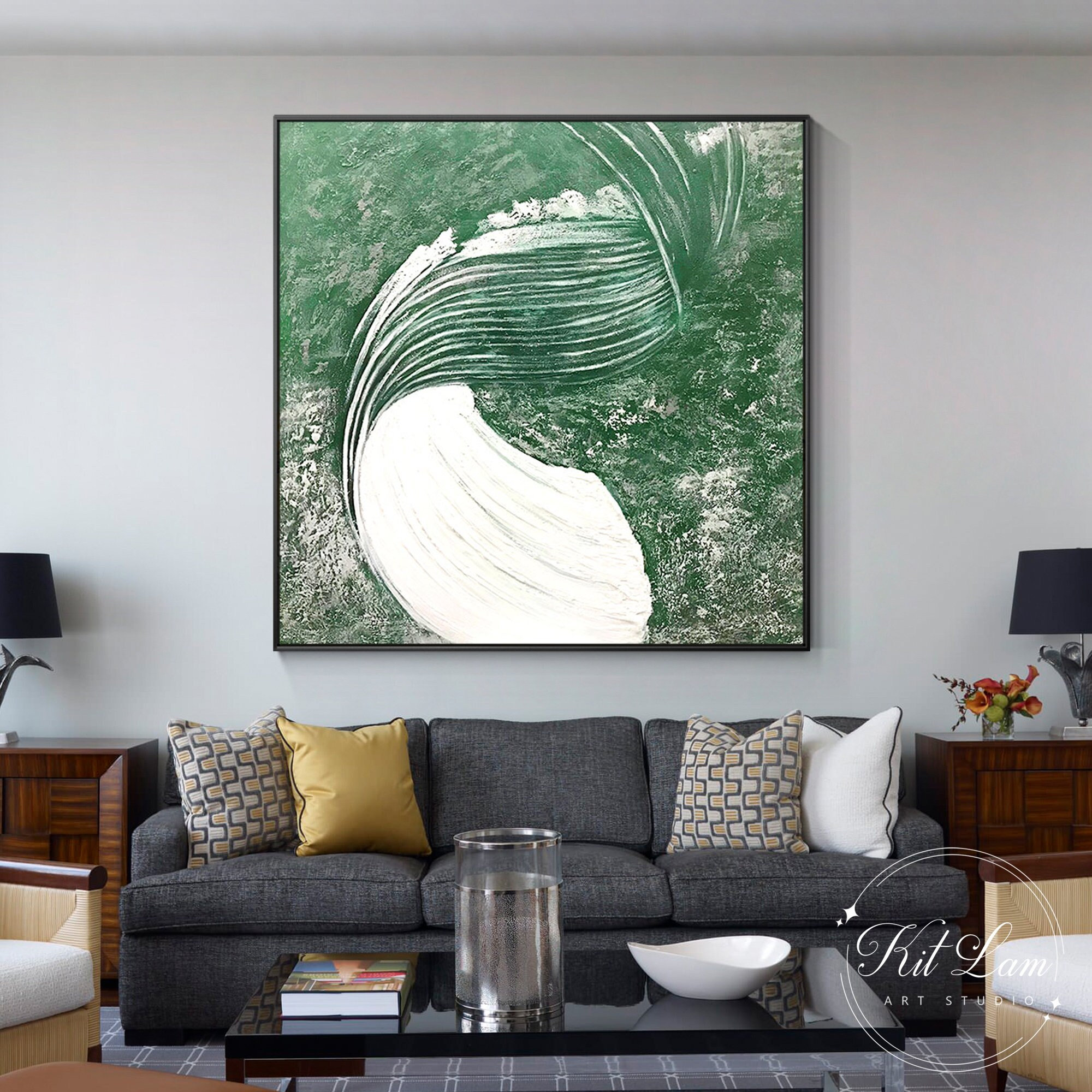 Sage Green White Textured Abstract Painting on Canvas Square Sage Green ...