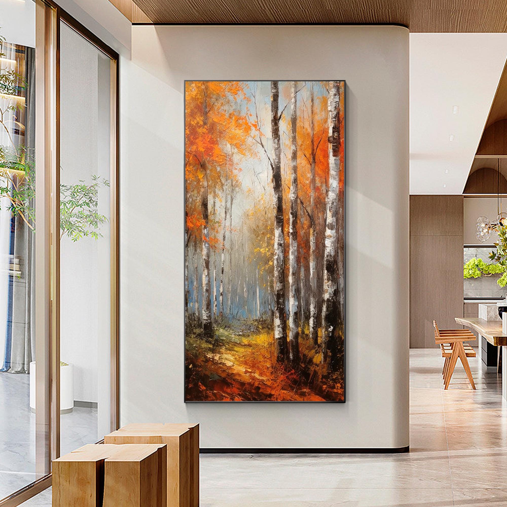 テクスチャのある白樺の森の油絵 縦向きの黄金色の秋の風景画 ウォール