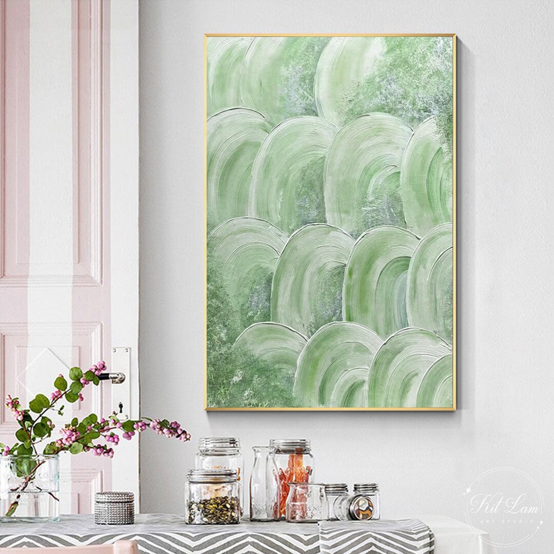 Green White Abstract Painting on Canvas, Green Textured Wall Art, Green