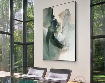 Pintura a óleo abstrata em tons de verde e bege sobre tela, estilo moderno, pintada à mão.