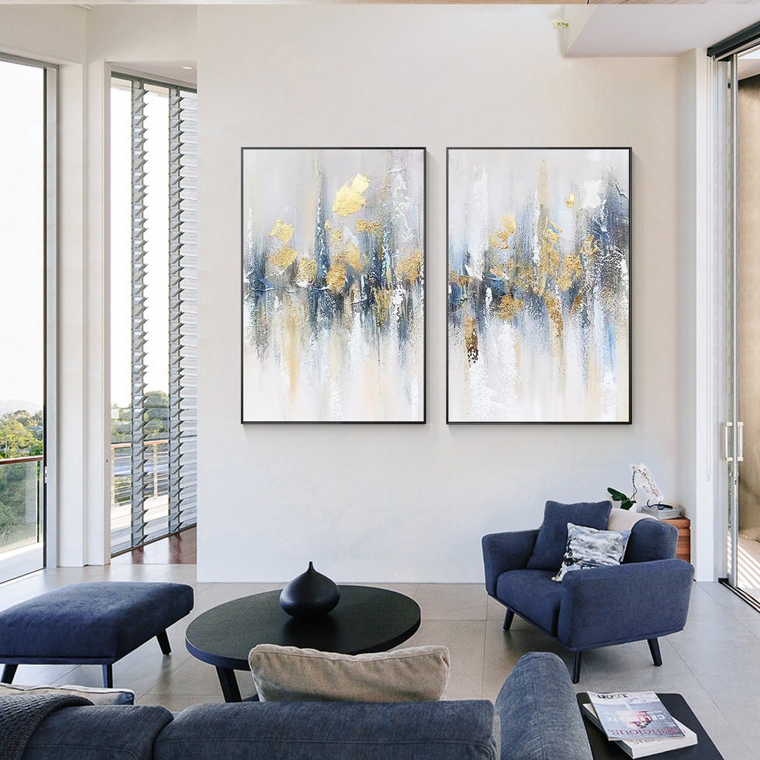 Gold & Blue Abstract Painting Set of 2 Textured Canvas Modern Wall Art ...
