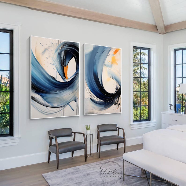 Navy Blue Abstract Oil Painting Set of 2 Japandi Style Canvas Wall Art ...