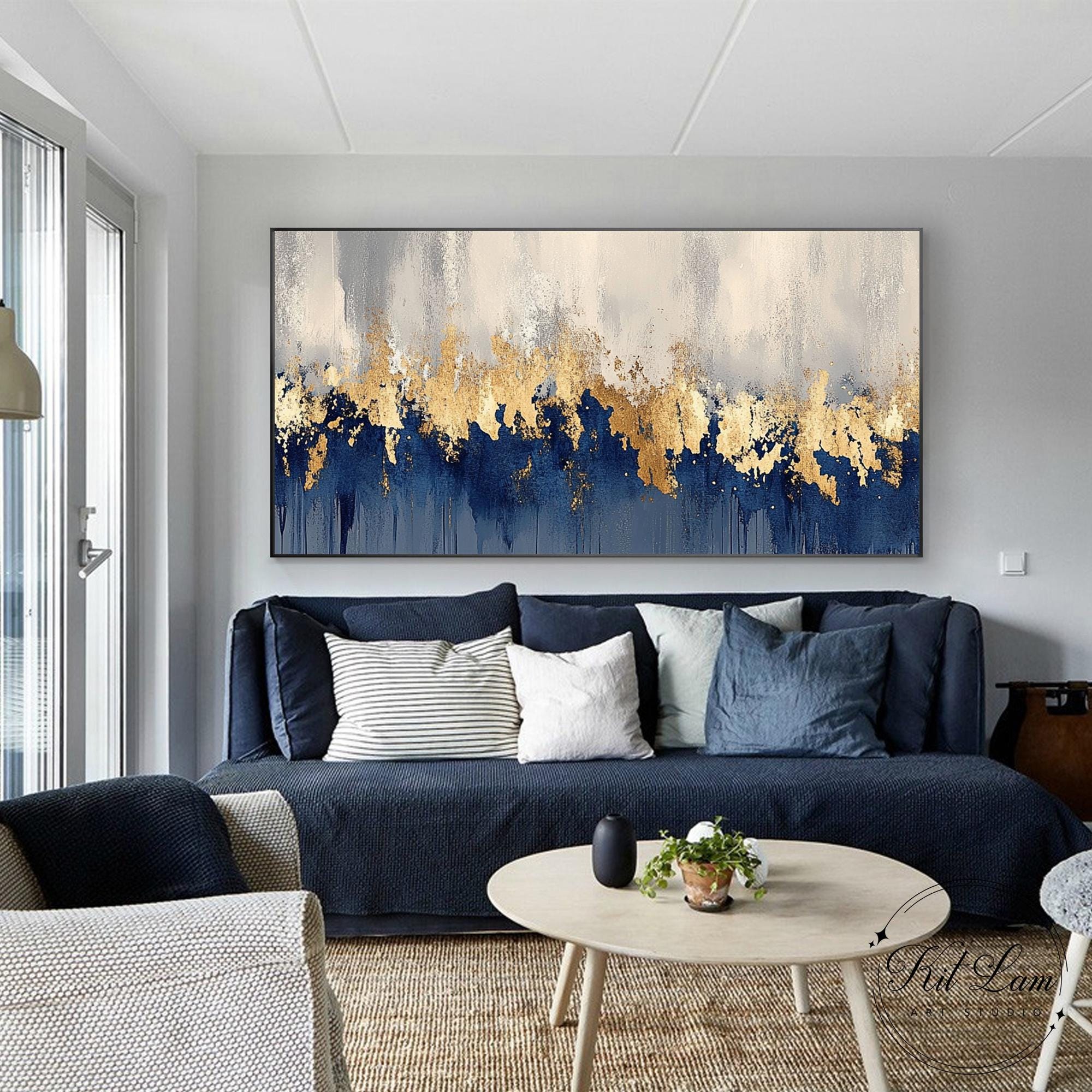 Gold Leaf Blue Abstract Painting on Canvas Modern Luxury Large ...