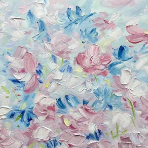 May include: An oil painting on canvas featuring a dense arrangement of flowers rendered with thick, textured impasto brushstrokes. The colour palette consists of soft pastel pink, white, and light blue tones, creating a layered floral composition.