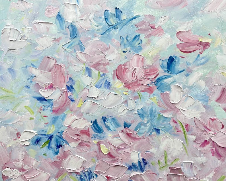 May include: An oil painting on canvas featuring a dense arrangement of flowers rendered with thick, textured impasto brushstrokes. The colour palette consists of soft pastel pink, white, and light blue tones, creating a layered floral composition.