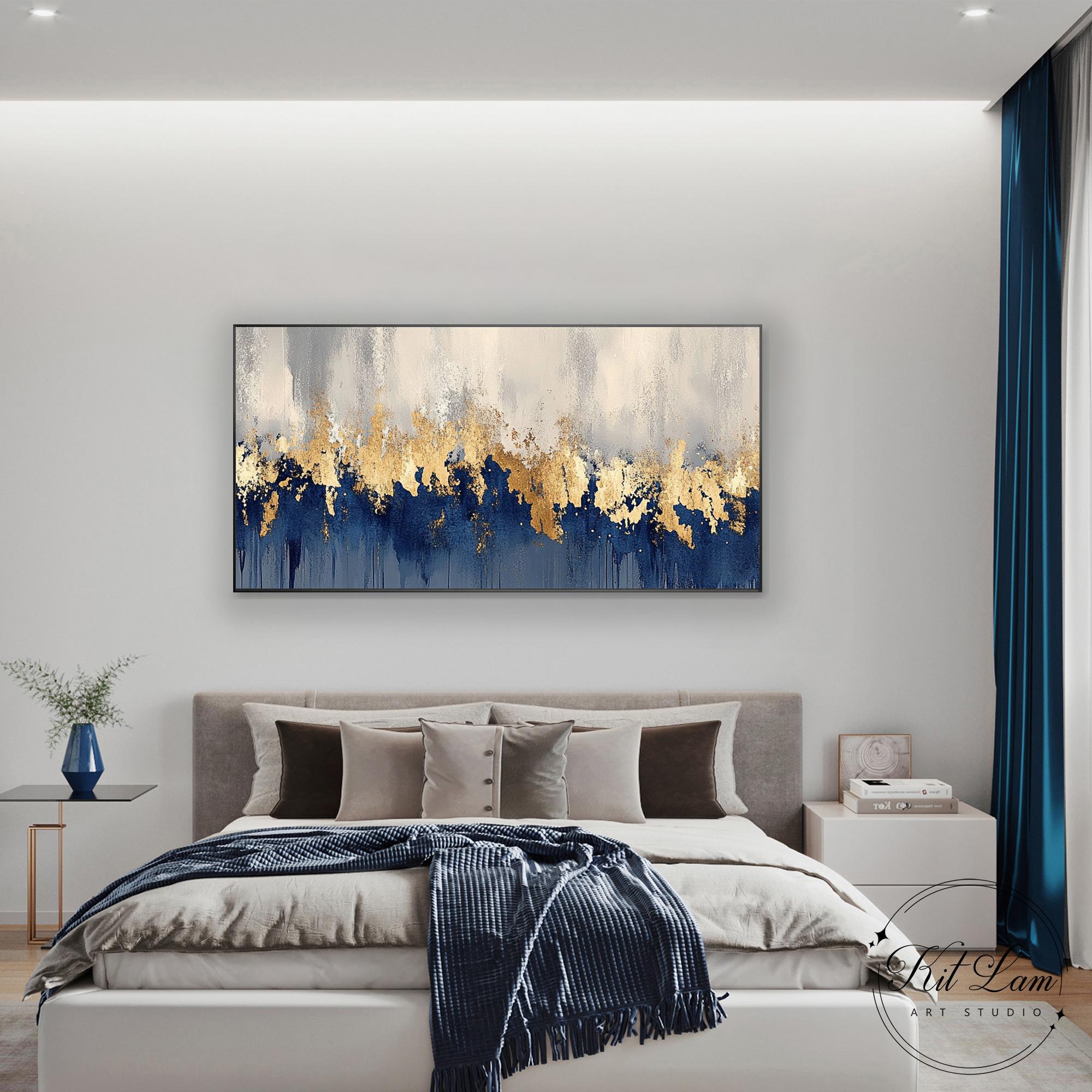 Gold Leaf Blue Abstract Painting on Canvas Modern Luxury Large ...