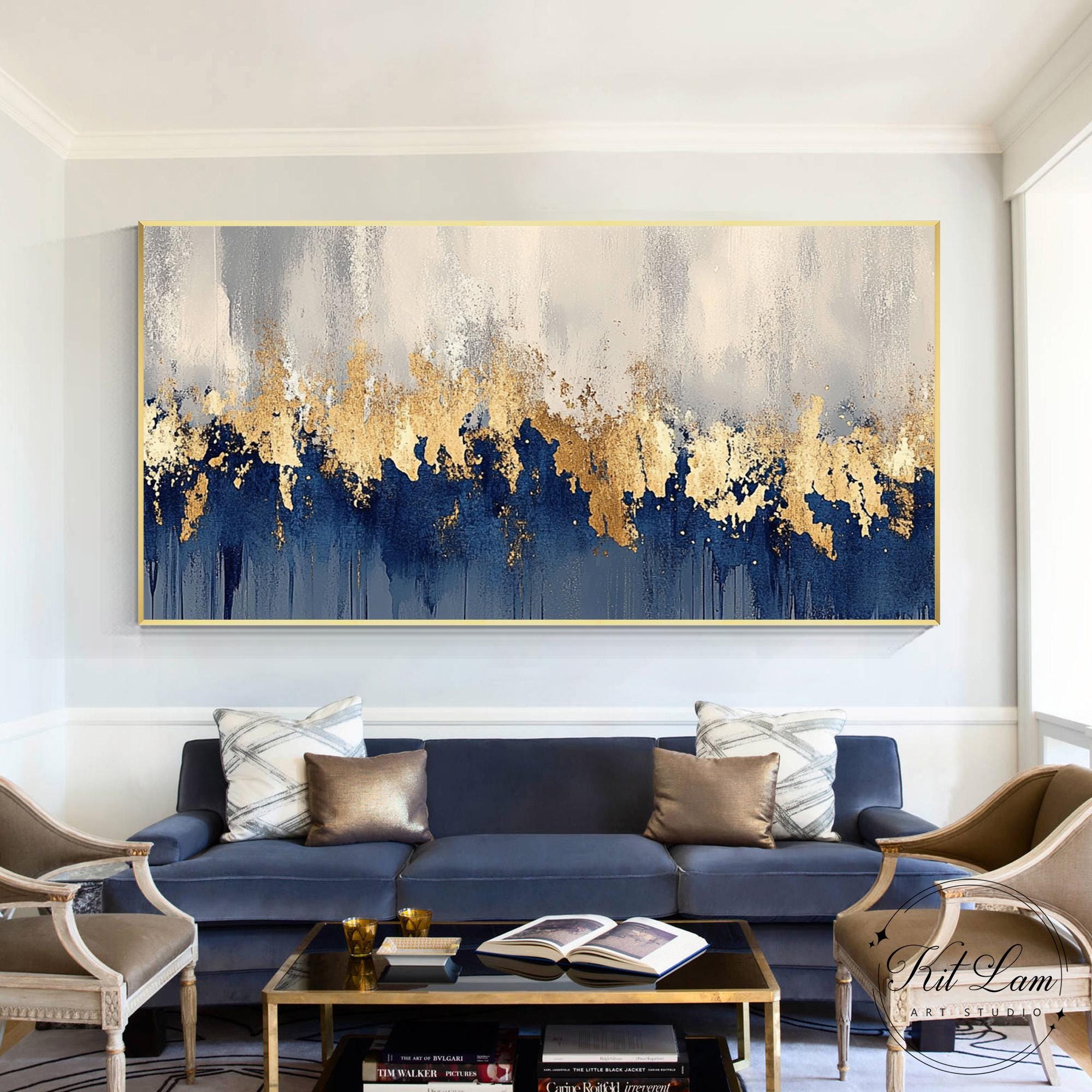 Gold Leaf Blue Abstract Painting on Canvas Modern Luxury Large ...
