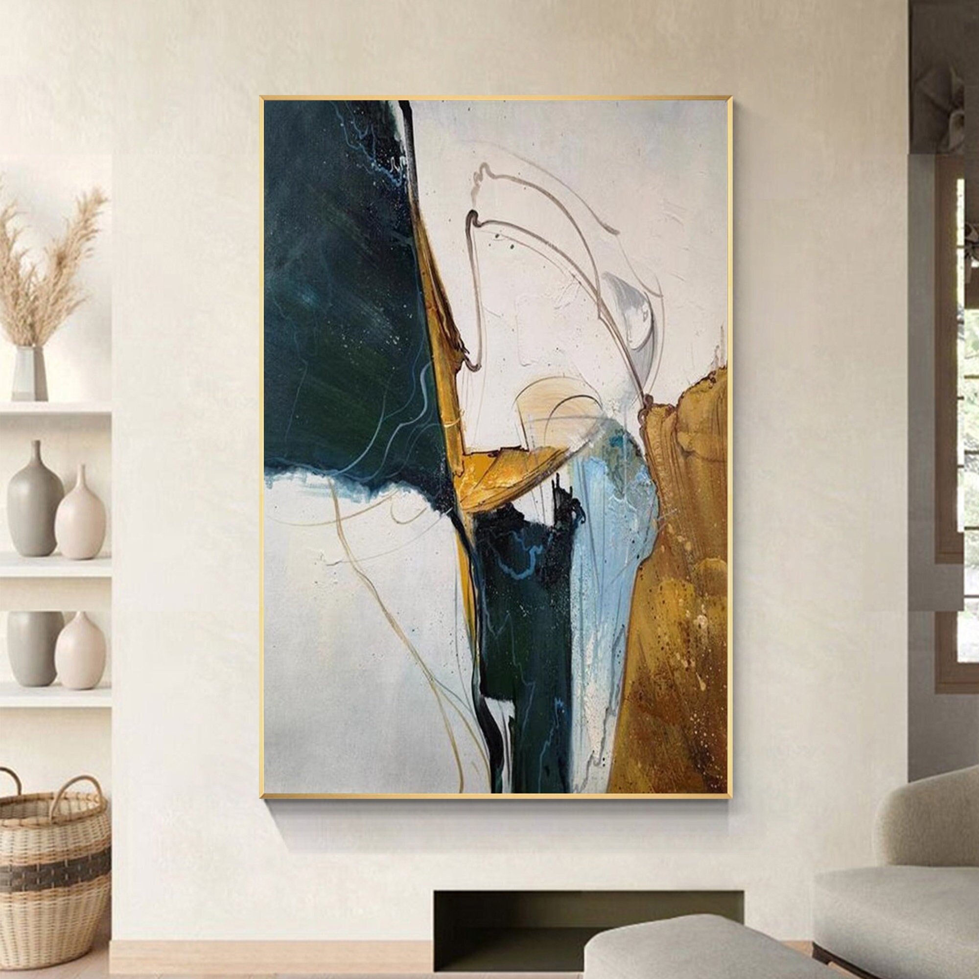 Arte mural abstracto con textura marrón y azul, pintura wabi sabi sobre lienzo, arte mural abstracto wabi sabi de gran tamaño, decoración del hogar