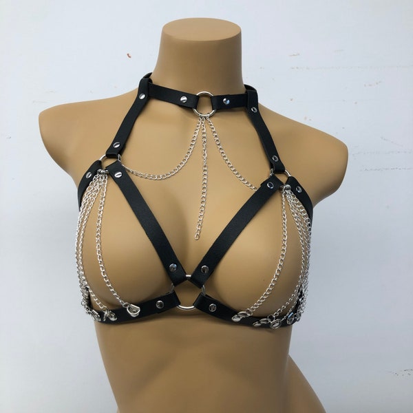 Ceinture de liaison en cuir PU, chaîne métallique, corset amusant, chaîne de corps, ceinture à sangle, vêtements en cuir,