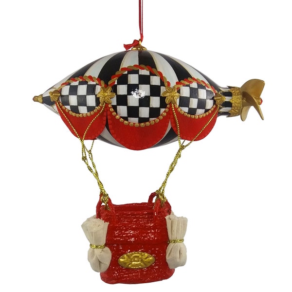 Black and White Hot Air Balloon Airship and Basket Glass Ornament