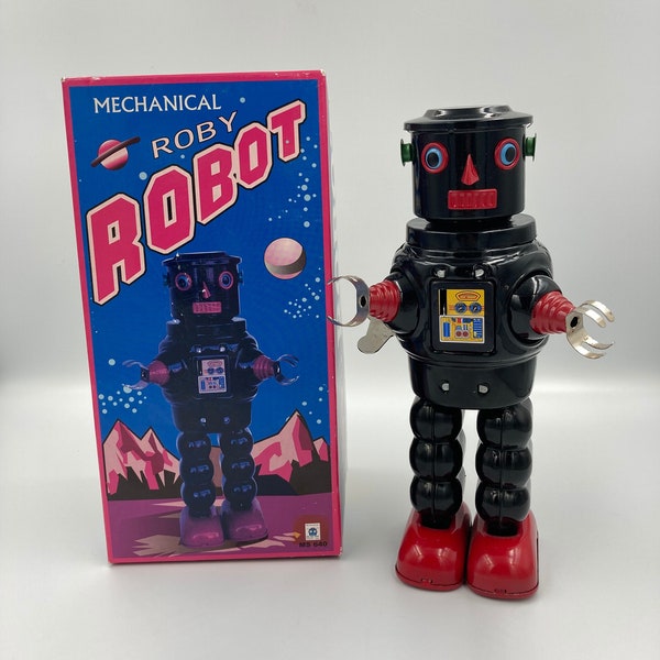 Vintage Mechanical Tin Roby Robot from Ha Ha Toy Company, in Black