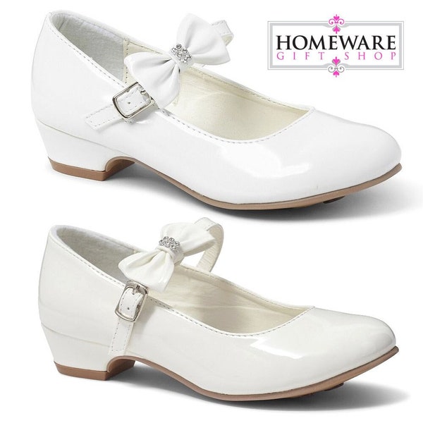 Girls Holy Communion Bow Shoes Patent White or Ivory Mary Jane wedding, Party, Occasion Low Kitty Heel Ankle Strap UK Designer UK8-4