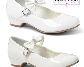Girls Holy Communion Bow Shoes Patent White or Ivory Mary Jane wedding, Party, Occasion Low Kitty Heel Ankle Strap UK Designer UK8-4