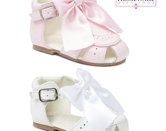 Baby Girls Spanish Bow Sandals Patent Spider Hard Sole Pink White Navy UK3-8