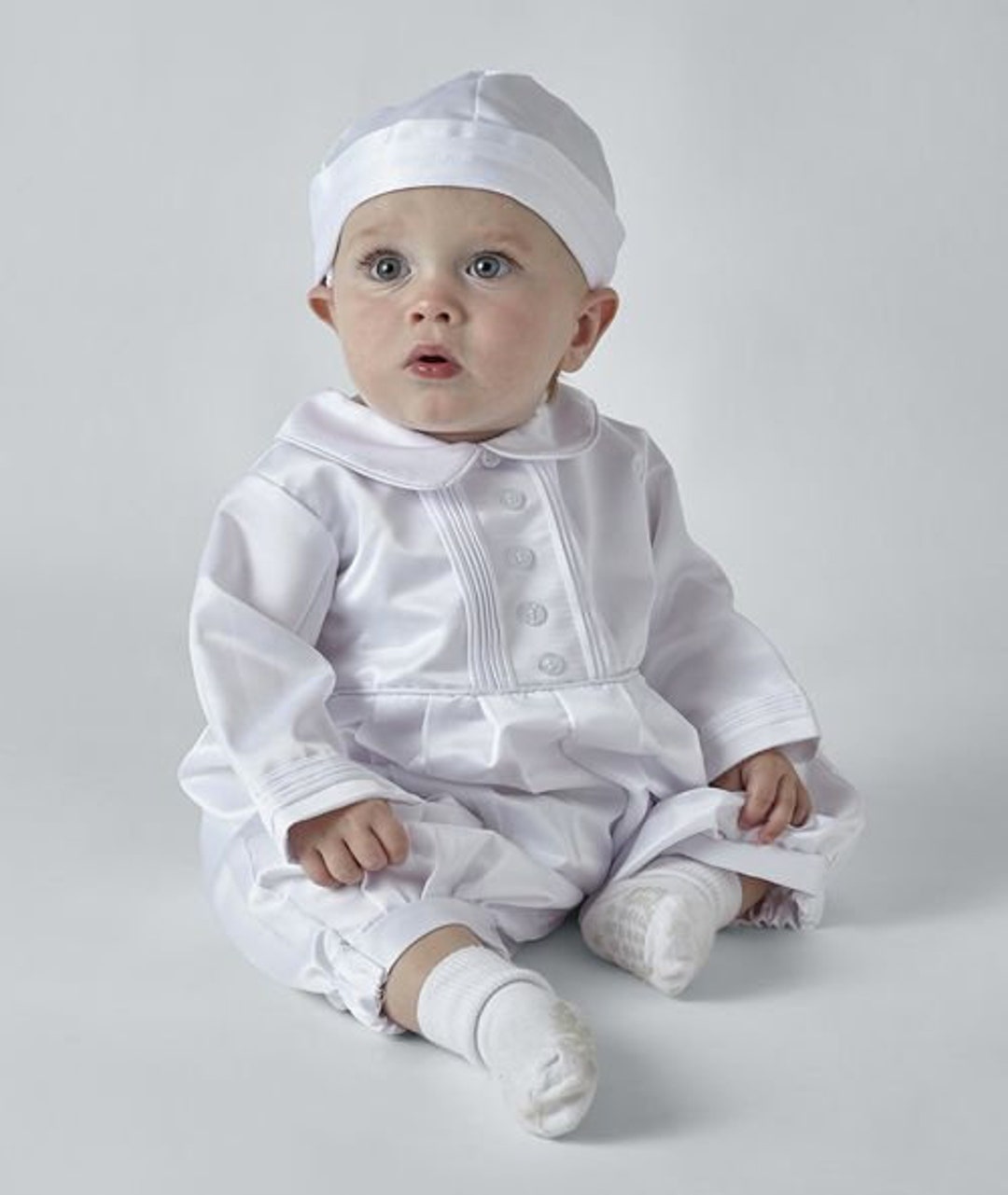 Baby Boy White or Ivory All in One Chirstening, Baptism Suit With a Hat