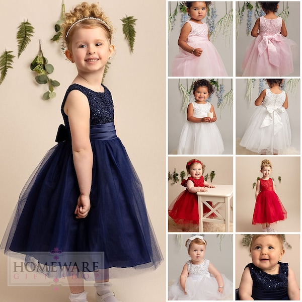 Girls Mid Length Ivory, Red, Navy Blue, Pink Bridesmaid Flower Girl Dress