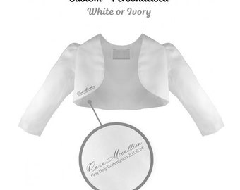 Girls White Satin Bolero Personalised Special Occasion Holy Communion, Wedding, Party, Flower Girl, Christening