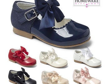 Girls Spanish style shoes Mary Jane patent bow shoes UK designer sparkle uk4-2