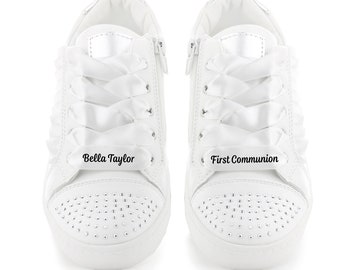 Girls Personalised Communion Shoes Pumps Trainers Bridesmaid Satin Lace Up White