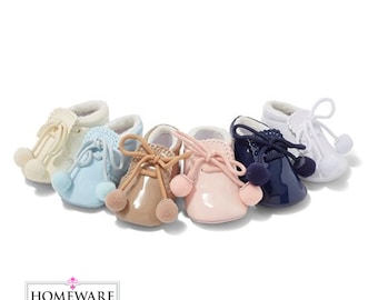 Baby Soft Sole Spanish Style Shoes Gorgeous Shiny Patent With Cute Pom Pom Laces. UK Designer Shoes.