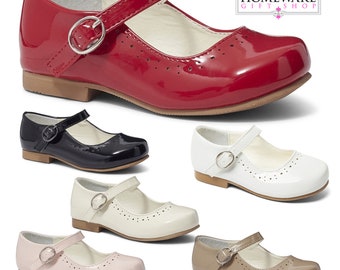 Girls Spanish Style Shoes Mary Jane Patent Faux Leather Pink White Red Camel Navy Black Grey Sizes UK 4-2