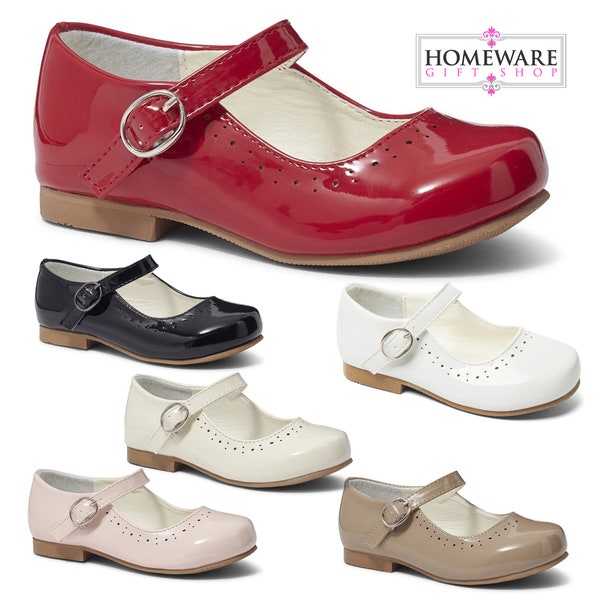 Girls Spanish Style Shoes Mary Jane Patent Faux Leather Pink White Red Camel Navy Black Grey Sizes UK 4-2