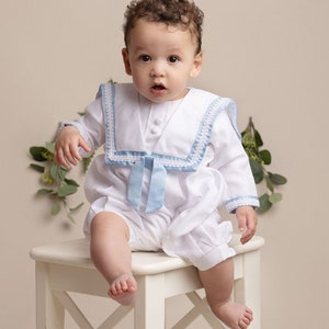 Baby Boy White and Blue All in one Chirstening, Baptism Suit with a Hat