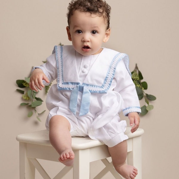 Baby Boy White and Blue All in one Chirstening, Baptism Suit with a Hat