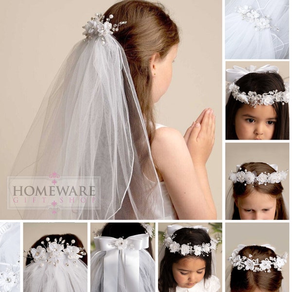Girls Two Tier Veil First Holy Communion With Flowers And Bow Satin White