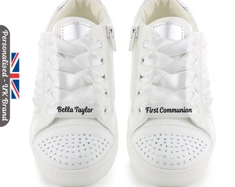 Girls Personalised Communion Shoes Pumps Trainers Bridesmaid Satin Lace Up White