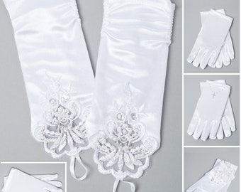 Girls Satin Gloves First Holy Communion With Diamonte White