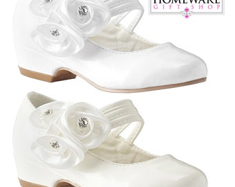 Girls Holy Communion Flower Shoes Patent White or Ivory Mary Jane wedding, Party, Occasion Low Kitty Heel Ankle Strap UK Designer UK8-4