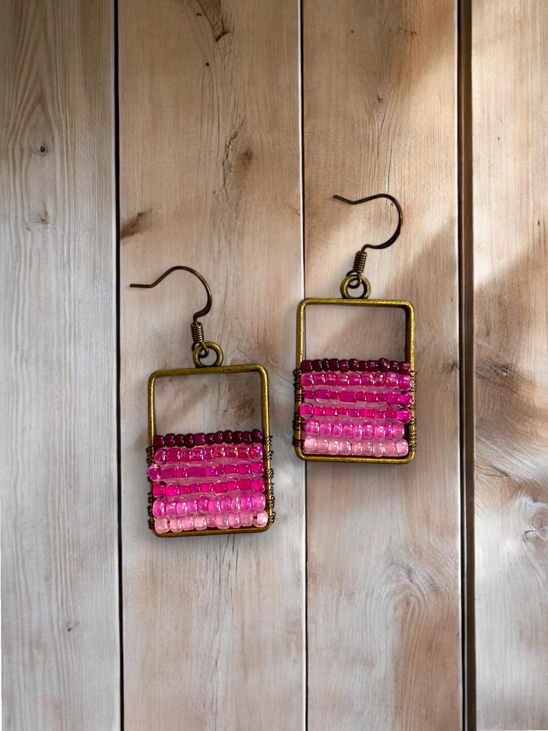 Pink Ombré Beaded Wire Wrapped Rectangle, Antique Bronze, Dangle ...