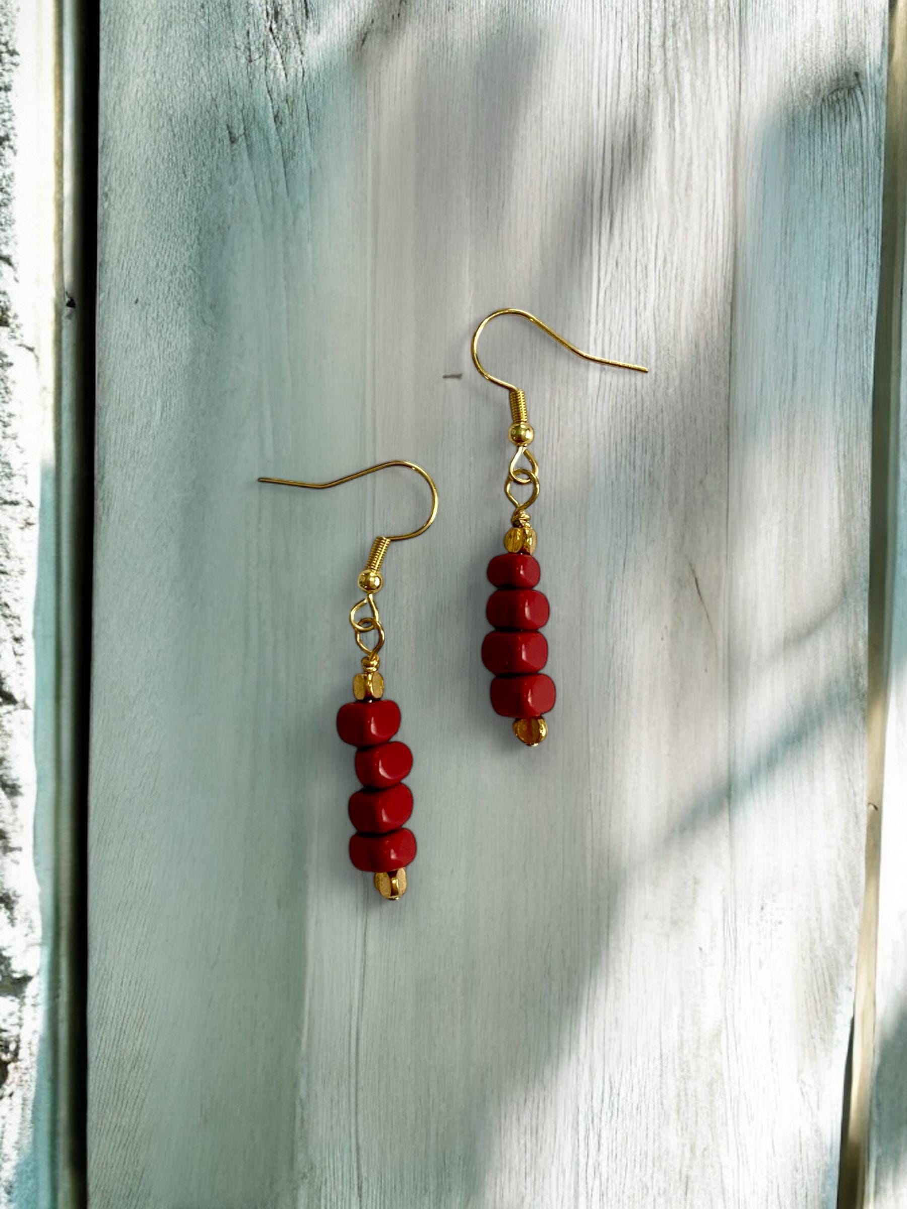 Vintage Antique Repurposed Red Beads, Golden Stainless Steel, Drop ...