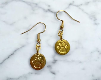 Dainty Paw Print Earrings, Gold Circle Paw Print Charm, Pet Jewelry, 18k Gold Plated, Dog Mom Gift, Animal Lover Jewelry, Gold Earrings