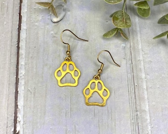 Paw Print Earrings, Dog Lover Gift, Cat Lover Jewelry, Gold Paw Print Dangle Earrings, Dog Mom Gift, Animal Lover Gift, Minimalist Jewelry