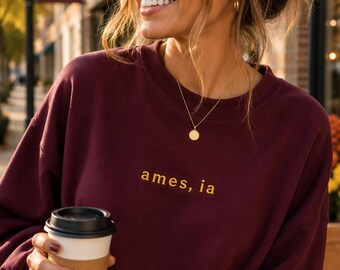 Ames Iowa Embroidered Sweatshirt • Maroon Gold Stitch • Minimal City State Sweater • College Town Gift
