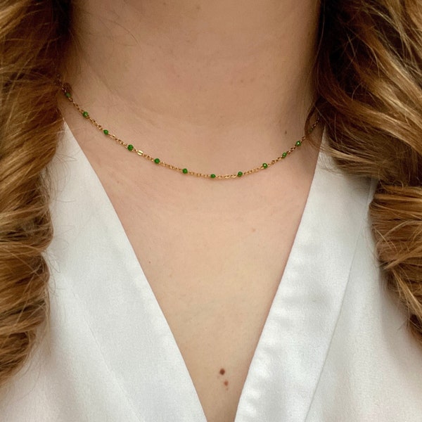 Collier perle verte, minimaliste, collier émaillé, bijoux acier inoxydable, cadeau, fait à la main, ras du cou, jewerly necklace, jewellery